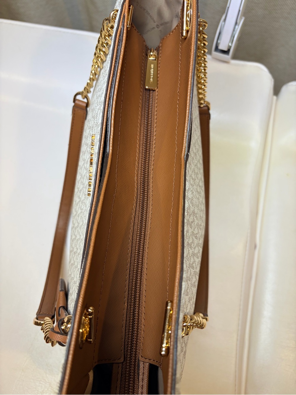 Michael Kors Cream & Brown MK Signature Tote with Gold Hardware - Picture 7 of 14
